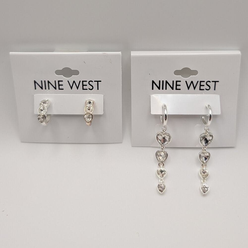 Nine West NWT Heart Earrings 2 Pair Set Silver Tone Clear Dangle Huggie Hoops